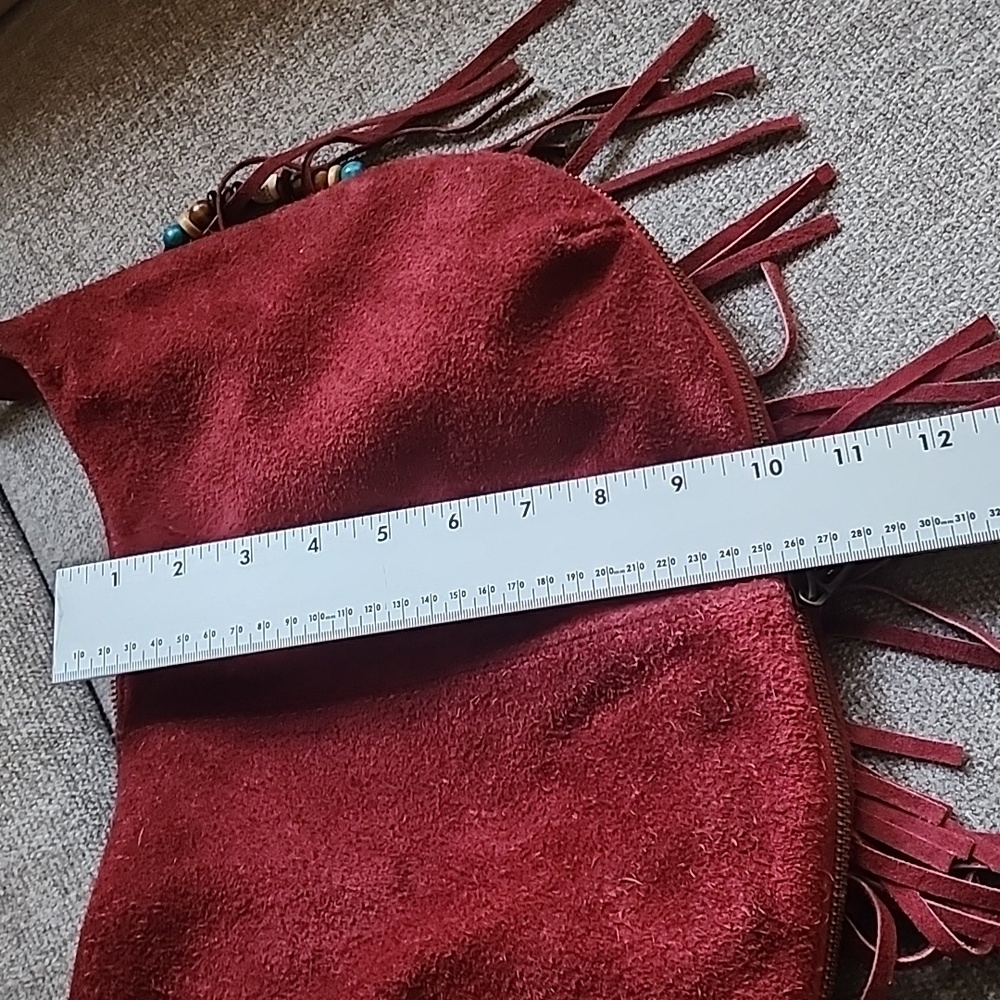 Italian Made Red Suede Leather Boho Fringe Hobo Bag | Beaded Tassels - Picture 15 of 16